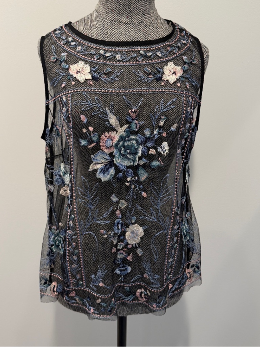 Embroidered Mesh Floral Sleeveless Top - Black with Blue & Pink Accents